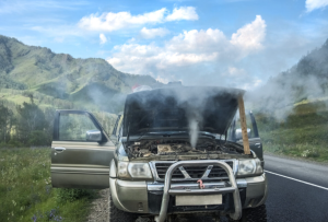 An engine overheating on the side of a road near Orangeburg, South Carolina.