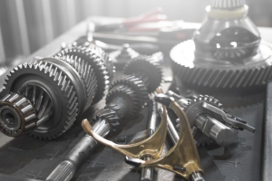 An assortment of car parts laid out on a table at a service center near Orangeburg, South Carolina